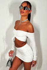 off shoulder ruched front long sleeve crop top and mini skirt co ord set festival rave outfit 