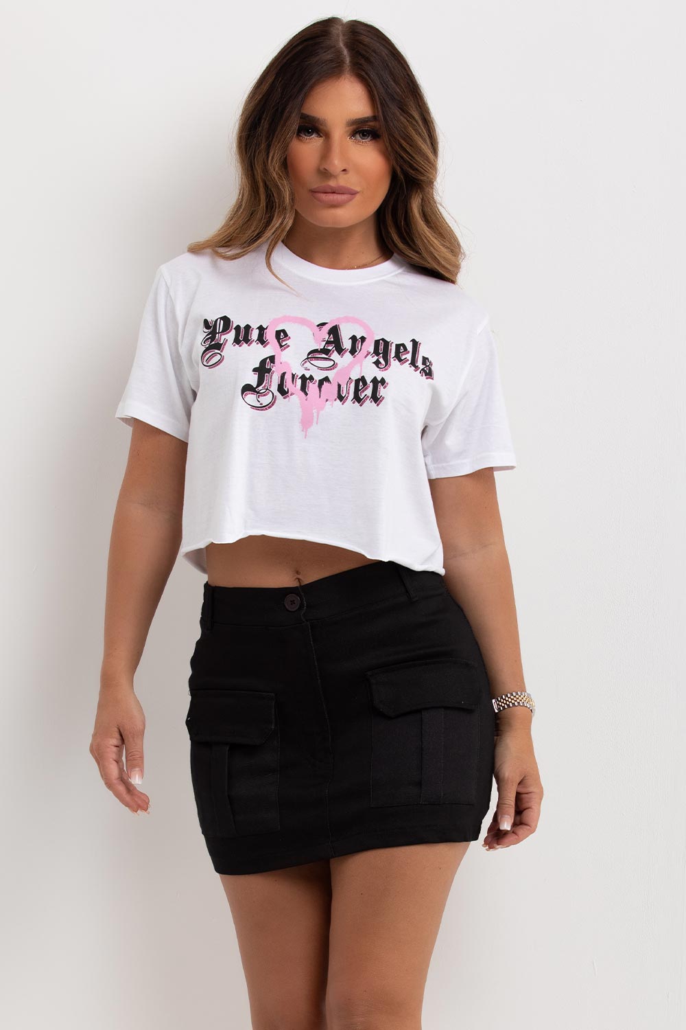 Women's White Crop T Shirt With Pure Angels Graphic Print