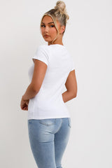 womens white t shirt with round neck shorts sleeves and diamante crown embellishment 