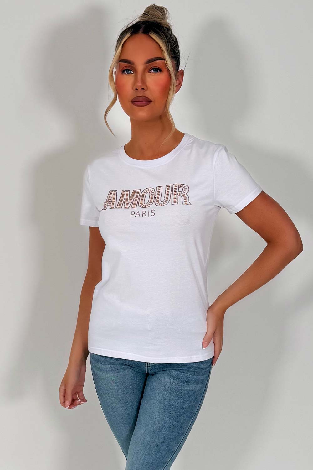 womens white t shirt with diamante rhinestone embellishment 