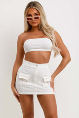 bandeau crop top cargo mini skirt and crop hoodie three piece outfit set summer festival holiday outfit