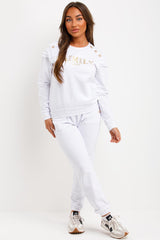 gold button frill ruffle shoulder top and trousers tracksuit set 