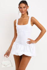 white scoop neck puffball dress