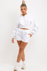 crop zip hoodie and shorts tracksuit set white