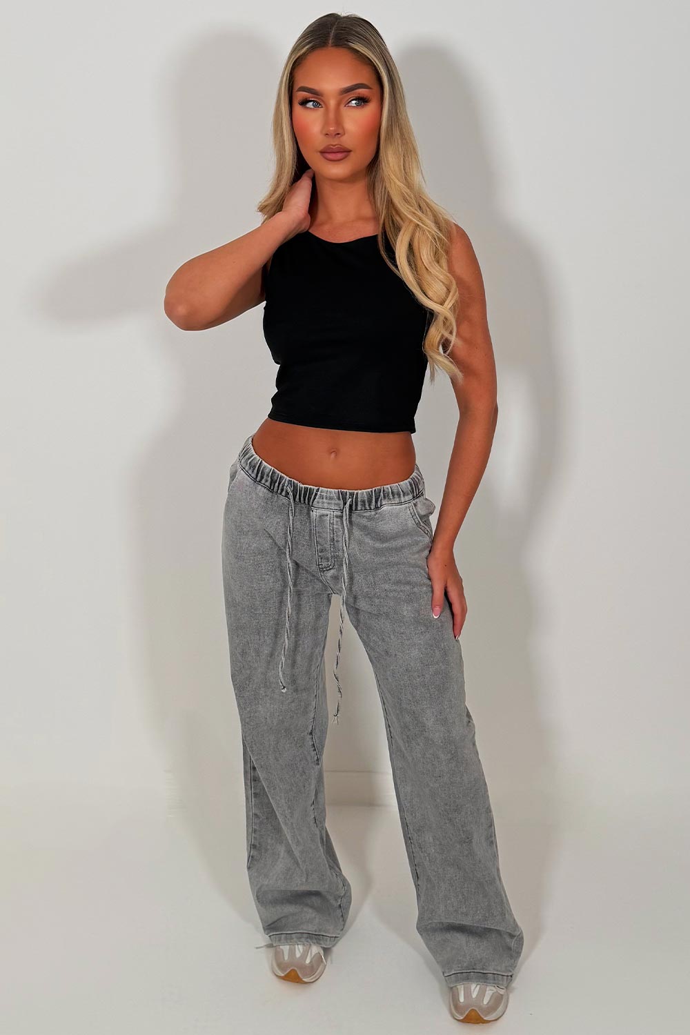 zara womens baggy jeans with drawstring elastic waistband grey styledup 