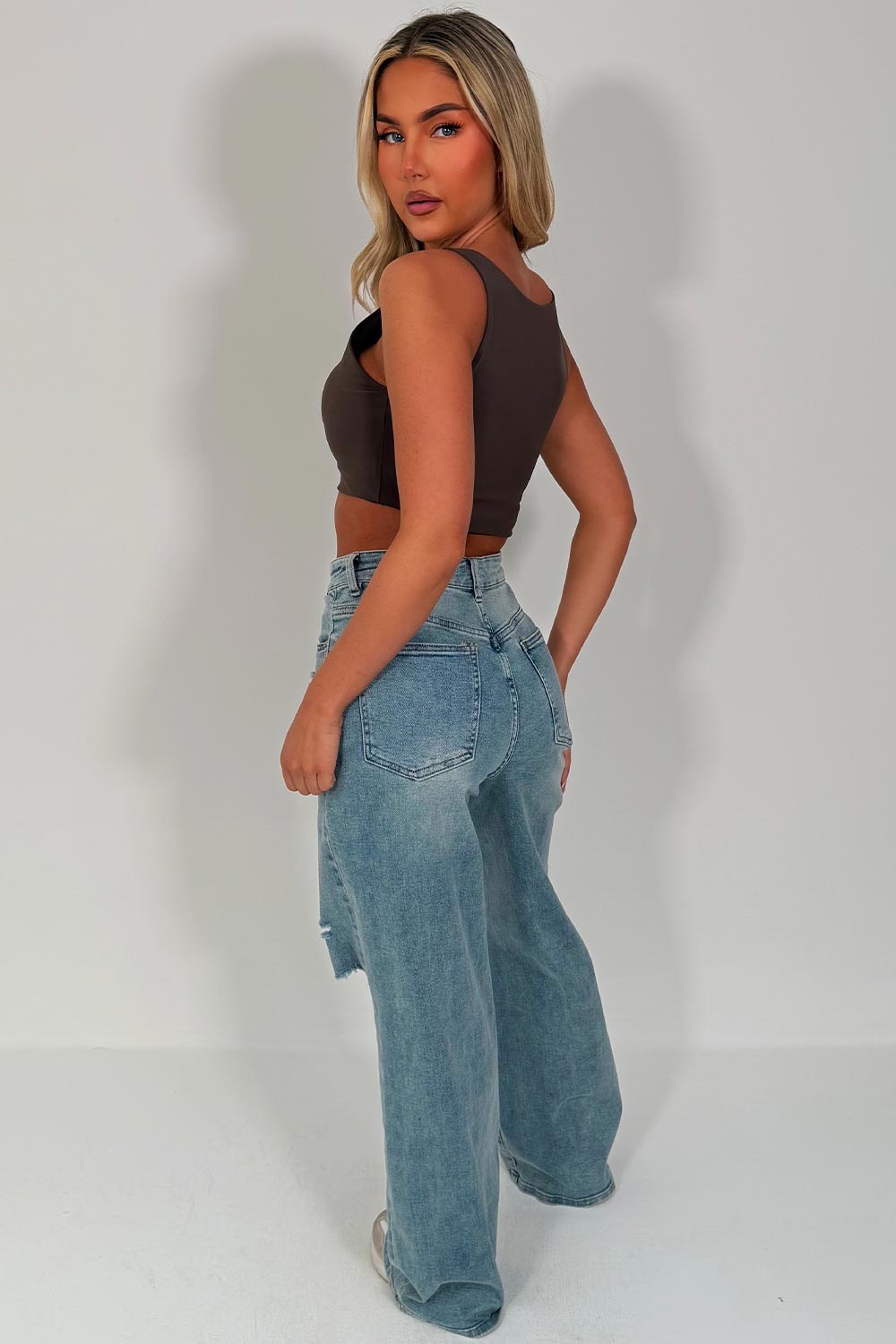 zara womens wide leg denim jeans ripped distressed uk sale styledup 