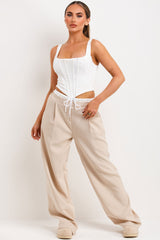 womens wide leg trousers with boxer detail and drawstring waist