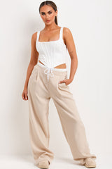 womens wide leg trousers with drawstring waist contrast boxer detail trim