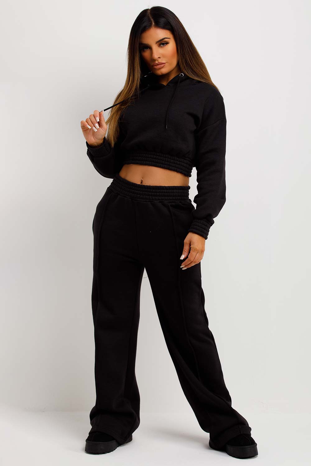 black crop hoodie and straight leg joggers with seam detail tracksuit set womens