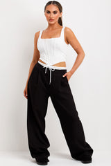 womens wide leg trousers with boxer detail and drawstring waist