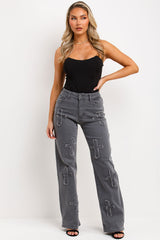 womens wide leg cross applique denim jeans styledup