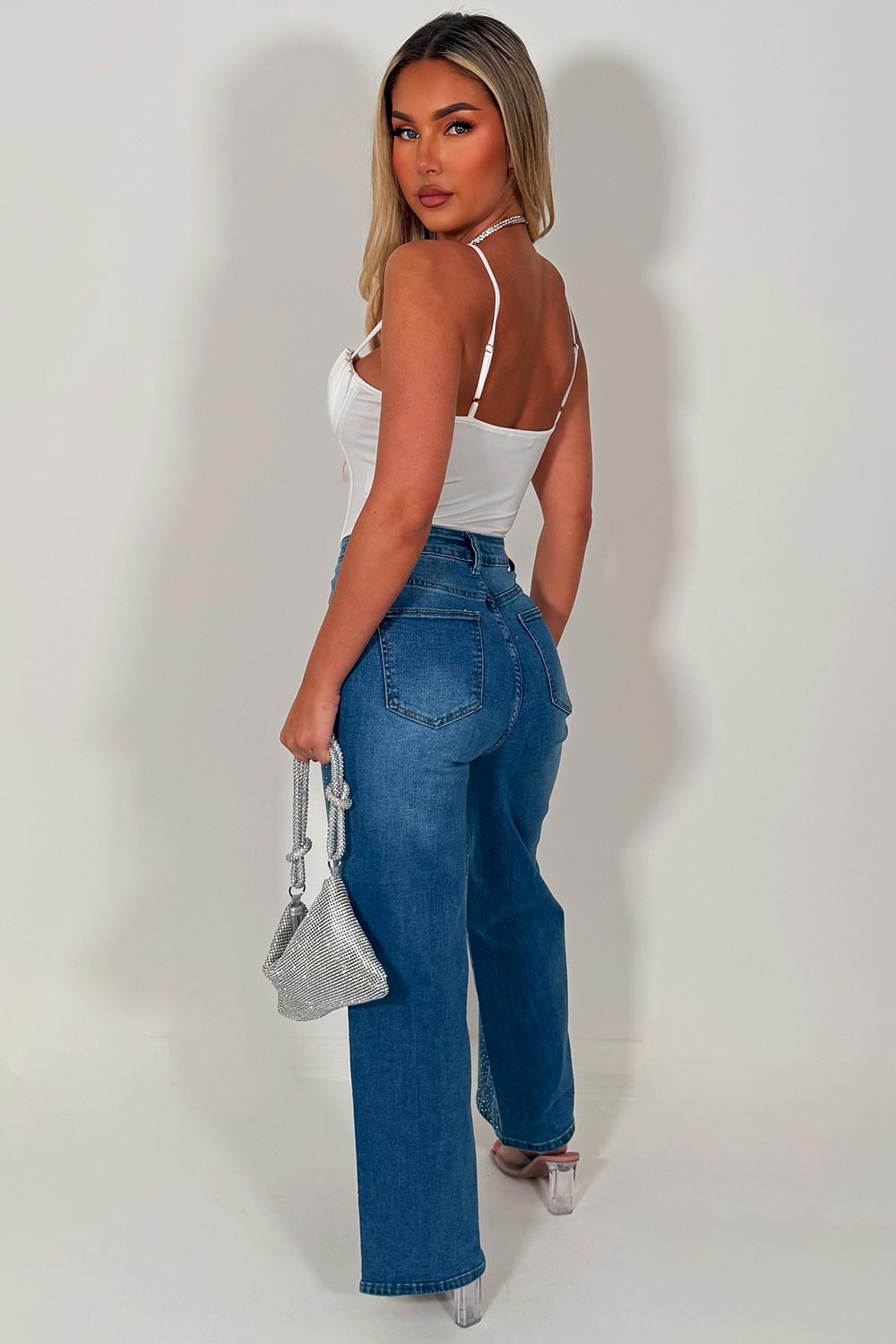 diamante rhinestone wide leg jeans for womens zara uk sale 