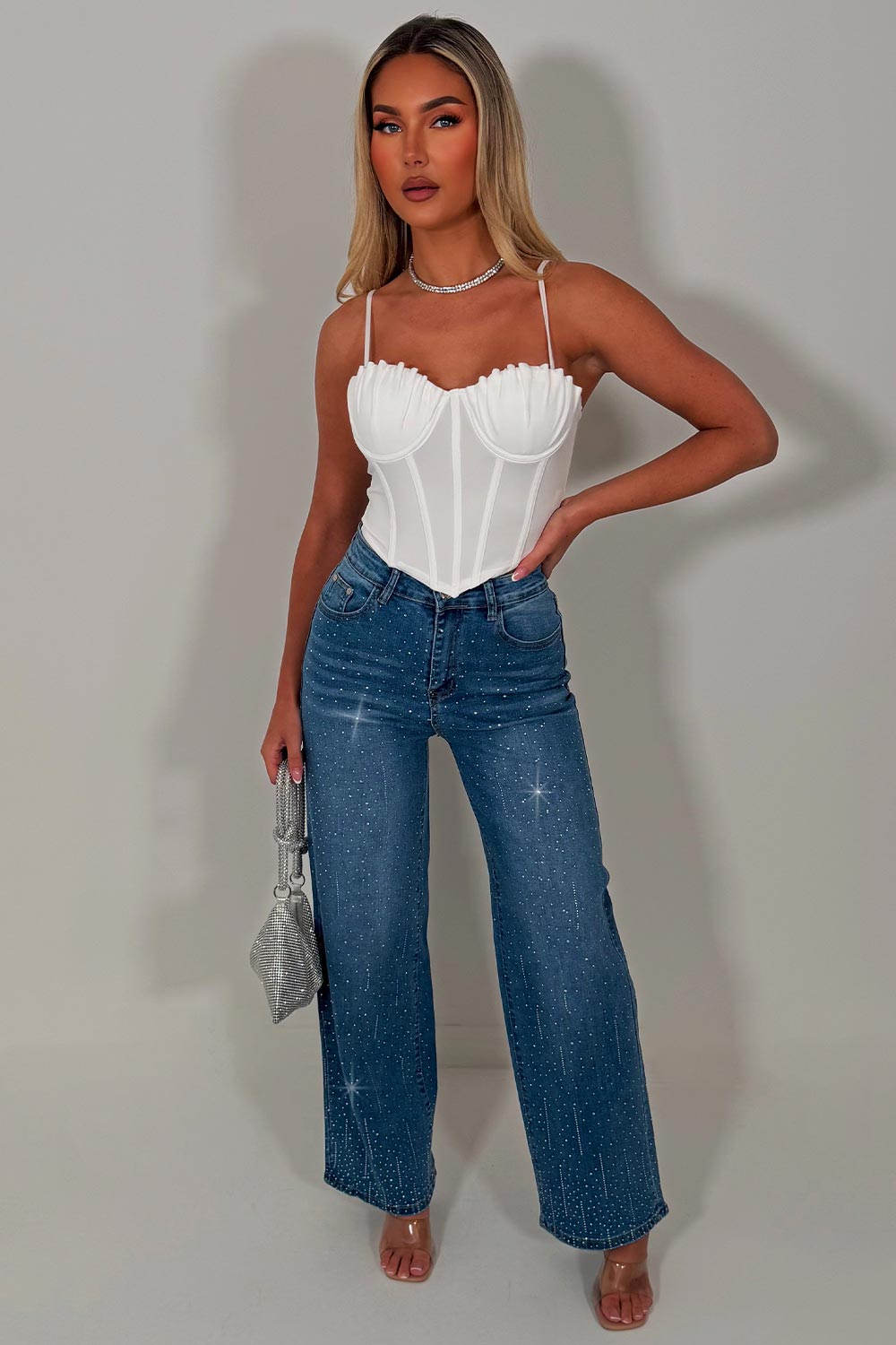 rhinestone diamante wide leg high waist jeans zara womens uk 