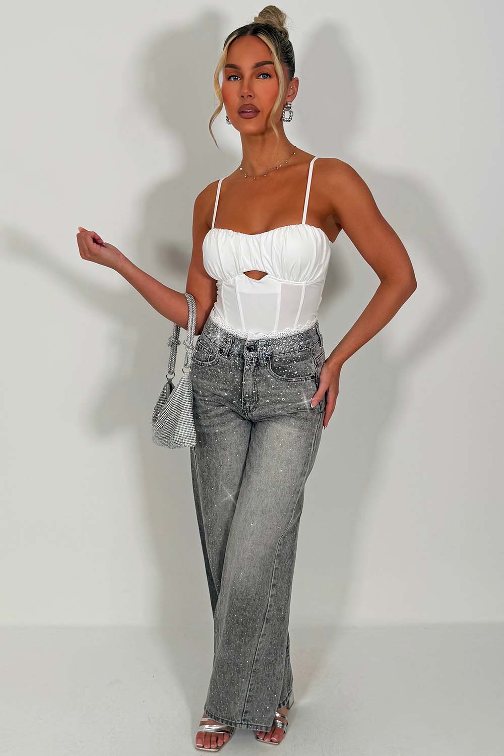 denim high waist wide leg jeans with lace trim and diamante rhinestones styledup zara uk