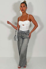 denim high waist wide leg jeans with lace trim and diamante rhinestones styledup zara uk