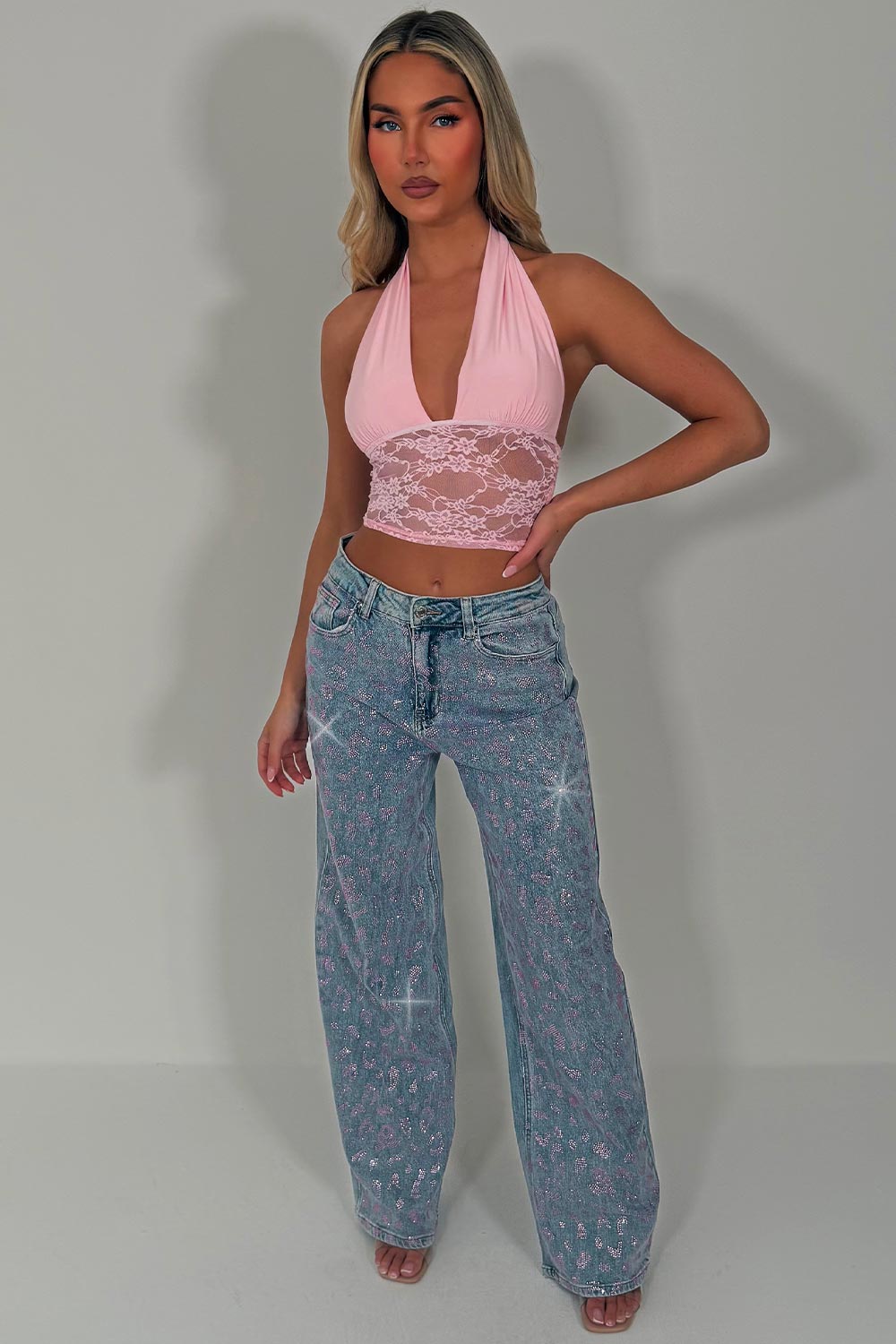 rhinestone diamante wide leg high waist jeans zara womens uk 