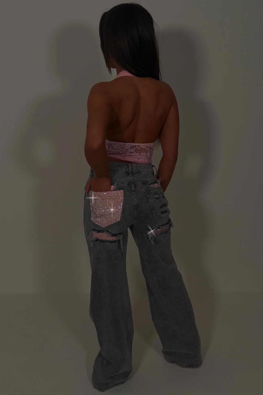 denim grey diamante rhinestone jeans womens