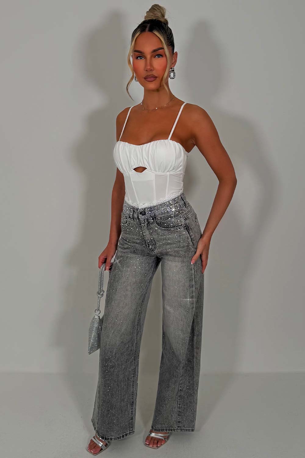 diamante rhinestone lace trim high waisted jeans denim grey womens zara uk