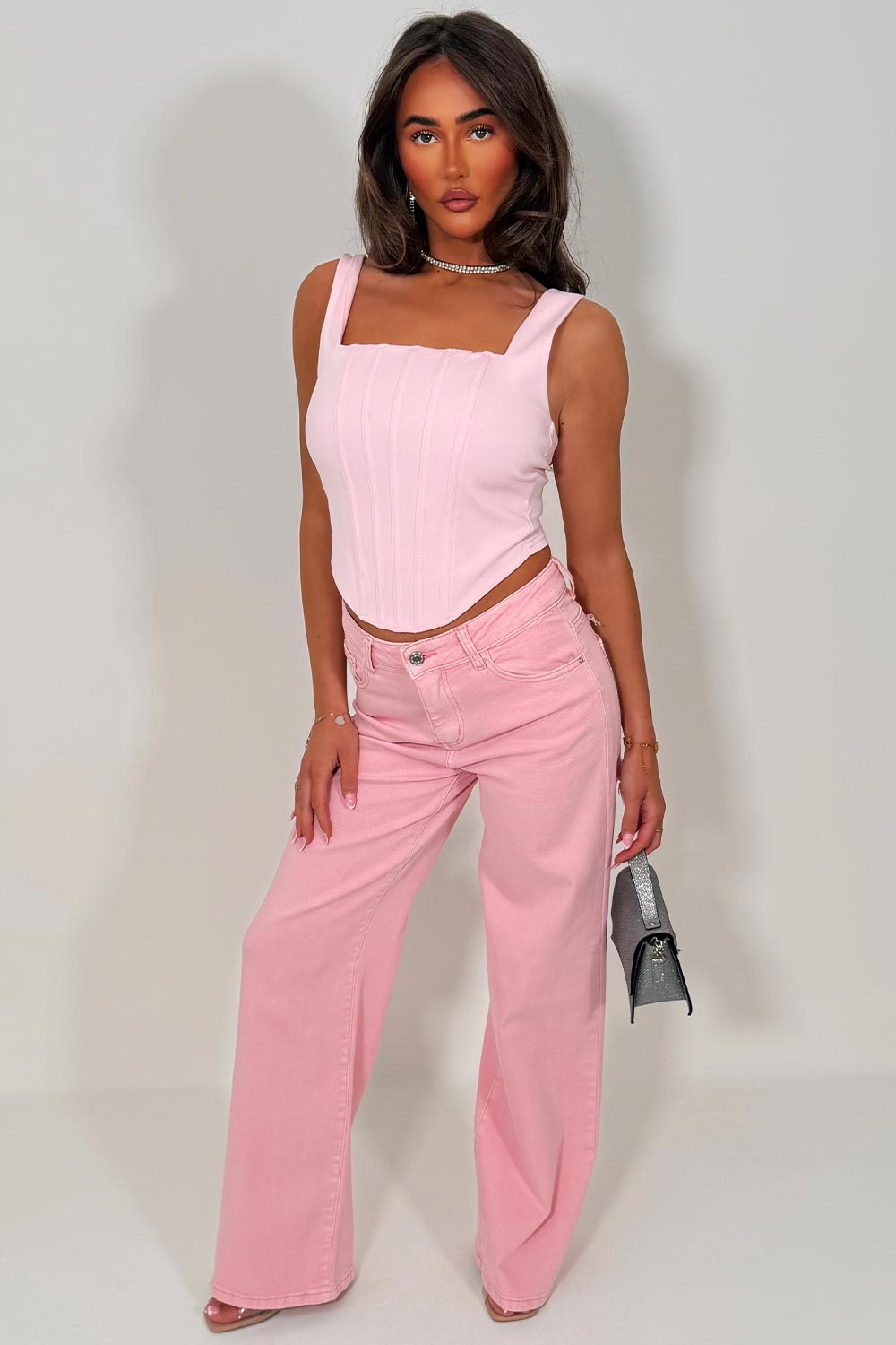 rhinestone diamante wide leg high waist jeans pink zara womens uk 