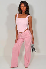 rhinestone diamante wide leg high waist jeans pink zara womens uk 