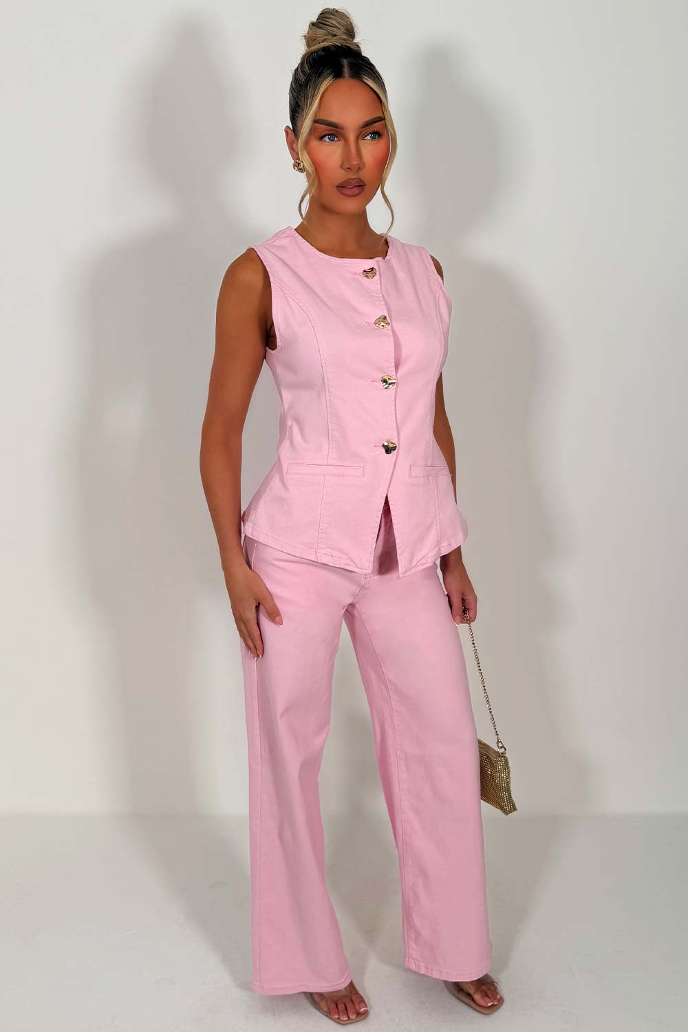 wide leg jeans and matching denim waistcoat two piece co ord pink womens styledup
