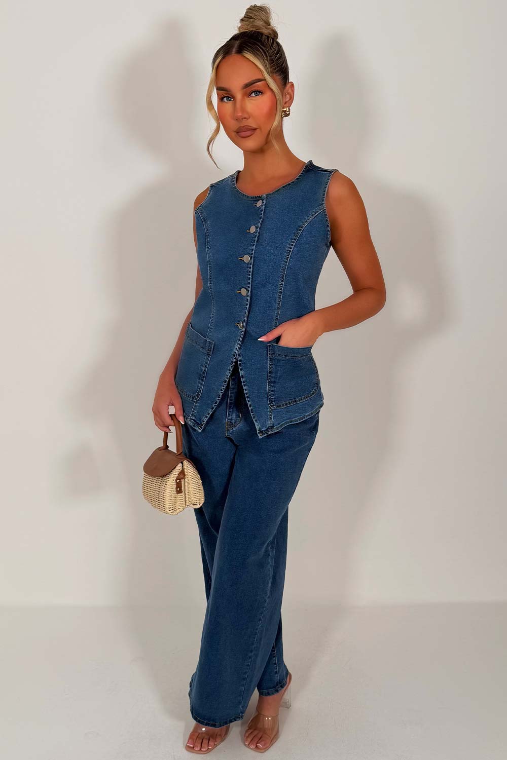 denim jeans and waistcoat summer matching outfit styledup fashion