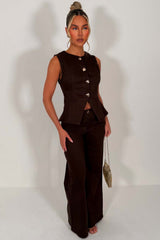 womens waist coat and wide leg jeans denim brown co ord styledup uk
