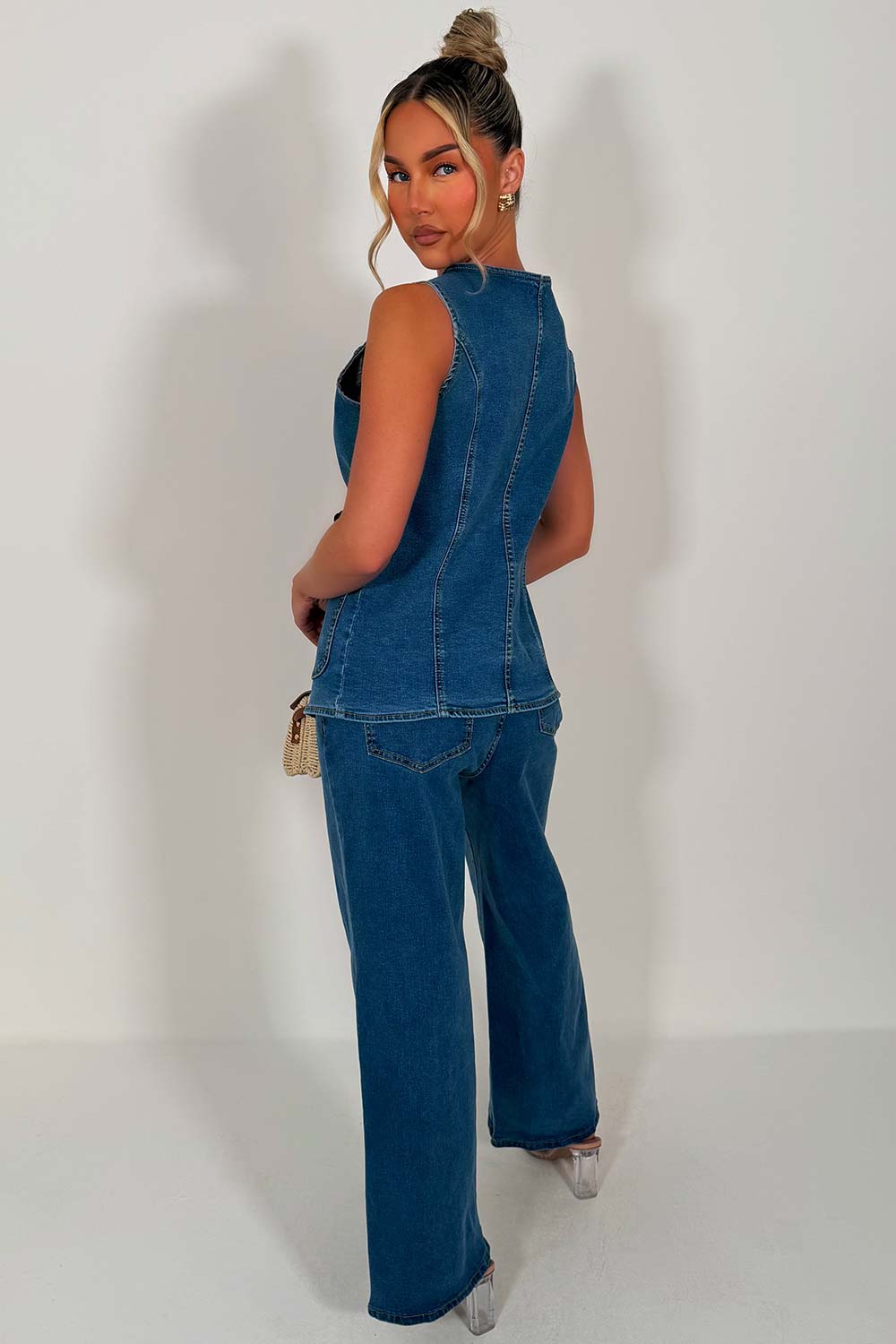 wide leg jeans and matching denim waistcoat two piece co ord blue womens styledup