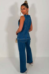 wide leg jeans and matching denim waistcoat two piece co ord blue womens styledup