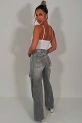 lace trim rhinestone diamante wide leg high waist jeans zara womens uk 