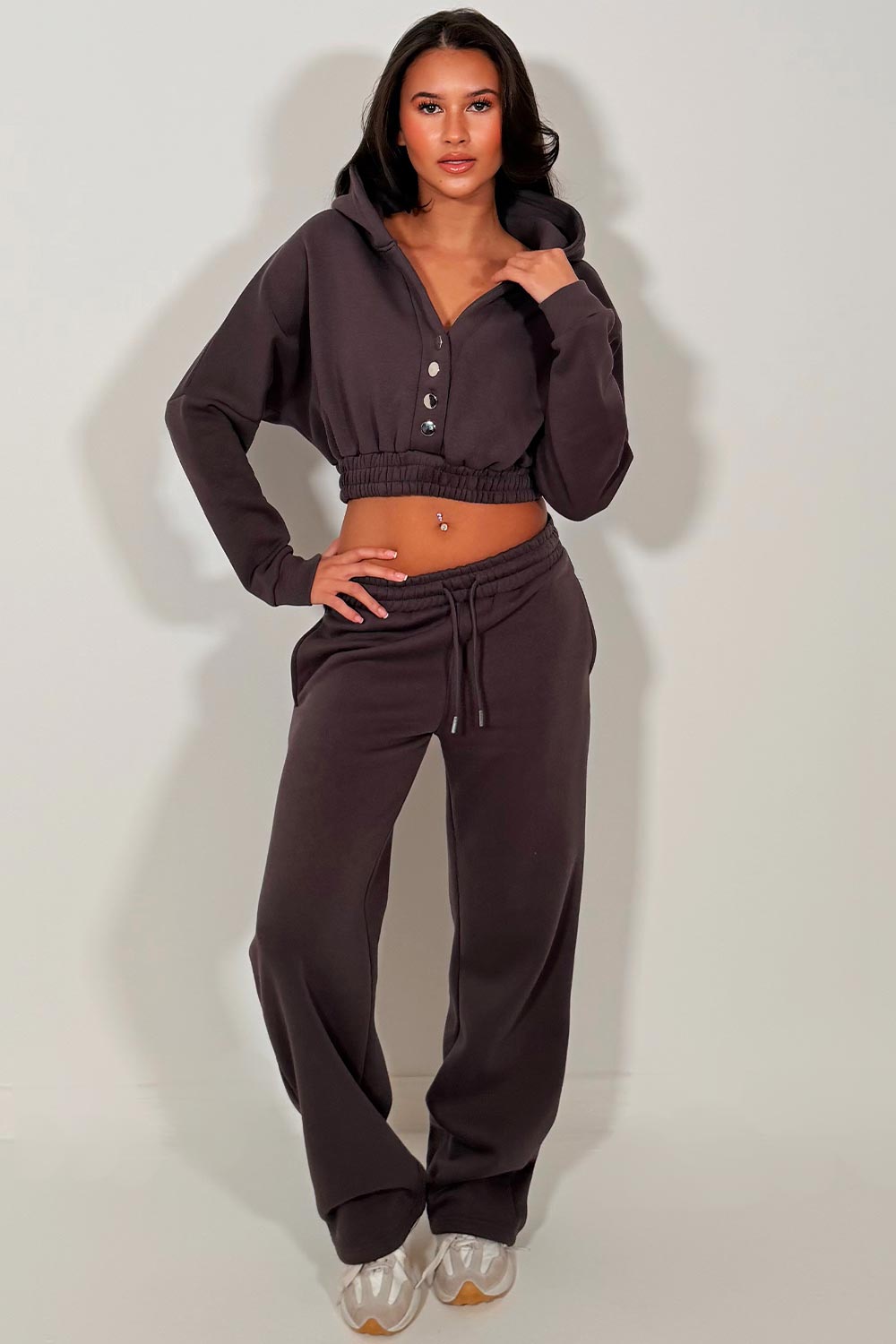 button up crop hoodie and joggers tracksuit co ord set womens casual airport outfit styledup 