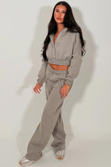 womens crop button up hoodie and wide leg joggers tracksuit set styledup 
