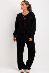 tie front long sleeve sweatshirt and trousers loungewear co ord set