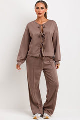 tie front long sleeve top and trousers two piece set womens loungewear co ord