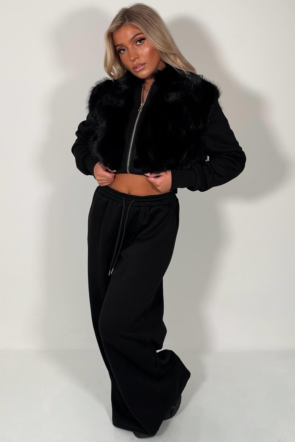 faux fur hoodie and joggers two piece loungewear co ord set styledup uk