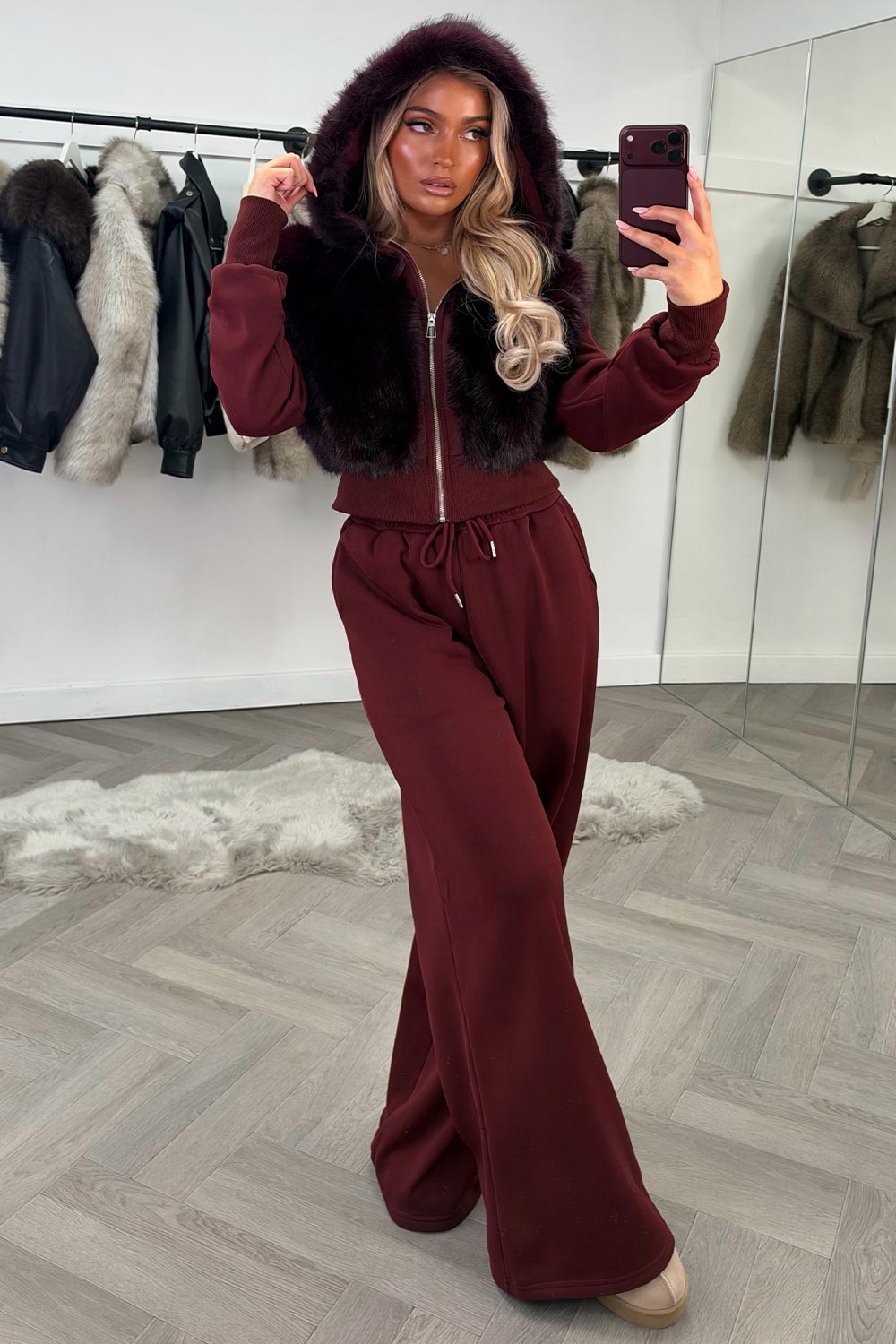 faux fur hoodie and joggers two piece loungewear co ord set styledup uk