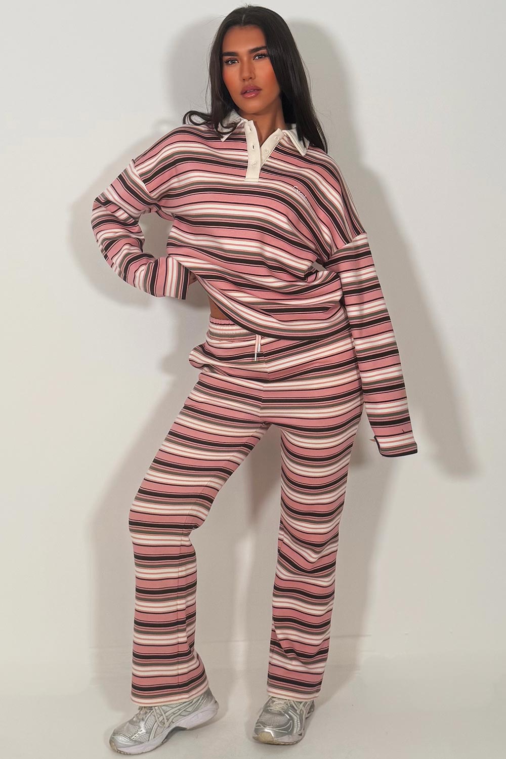collared striped jumper and wide leg joggers two piece co ord set styledup 