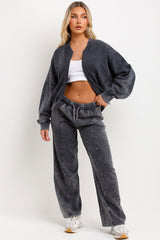 zara womens stonewashed bomber jacket and straight leg joggers loungewear set