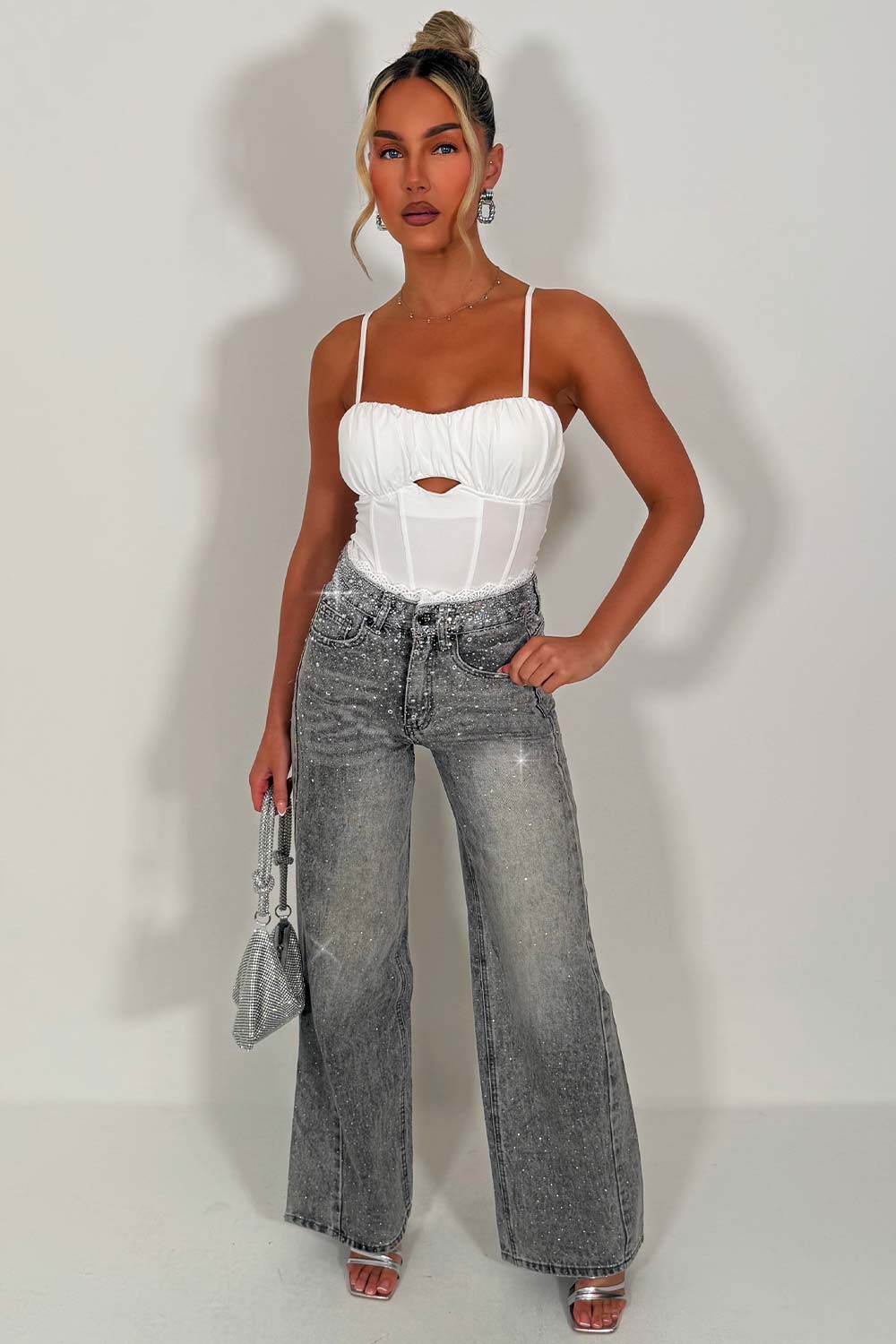 diamante rhinestone wide leg jeans with lace trim for womens zara uk sale