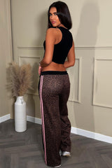 womens wide leg joggers with leopard print contrast and pink side stripes styledup 