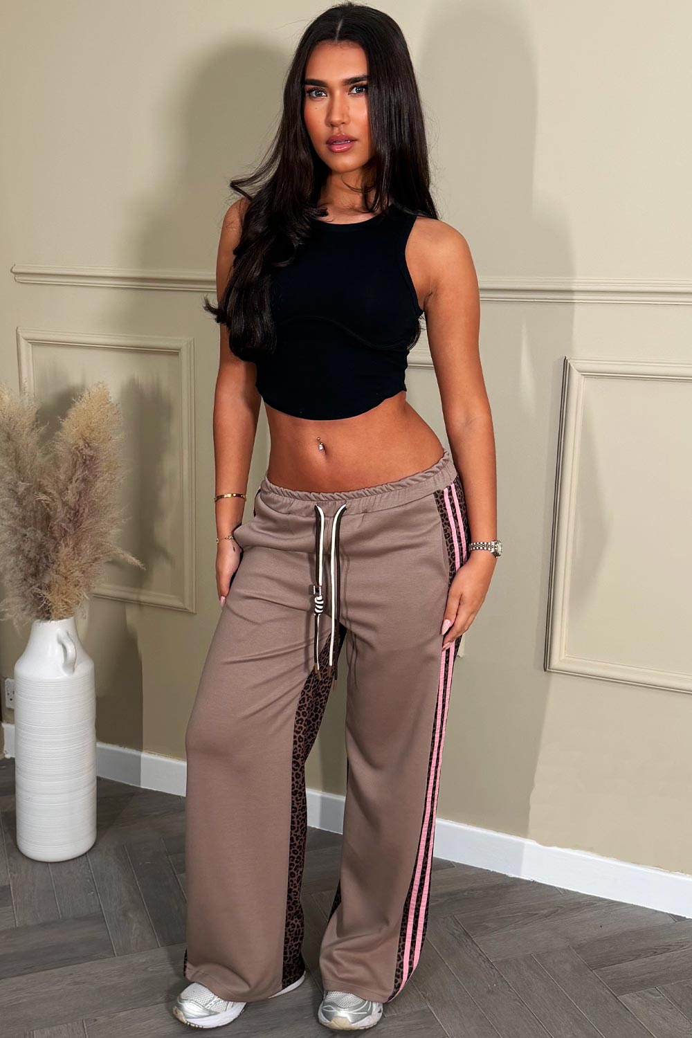 wide leg joggers with leopard print contrast and pink side stripes styledup 