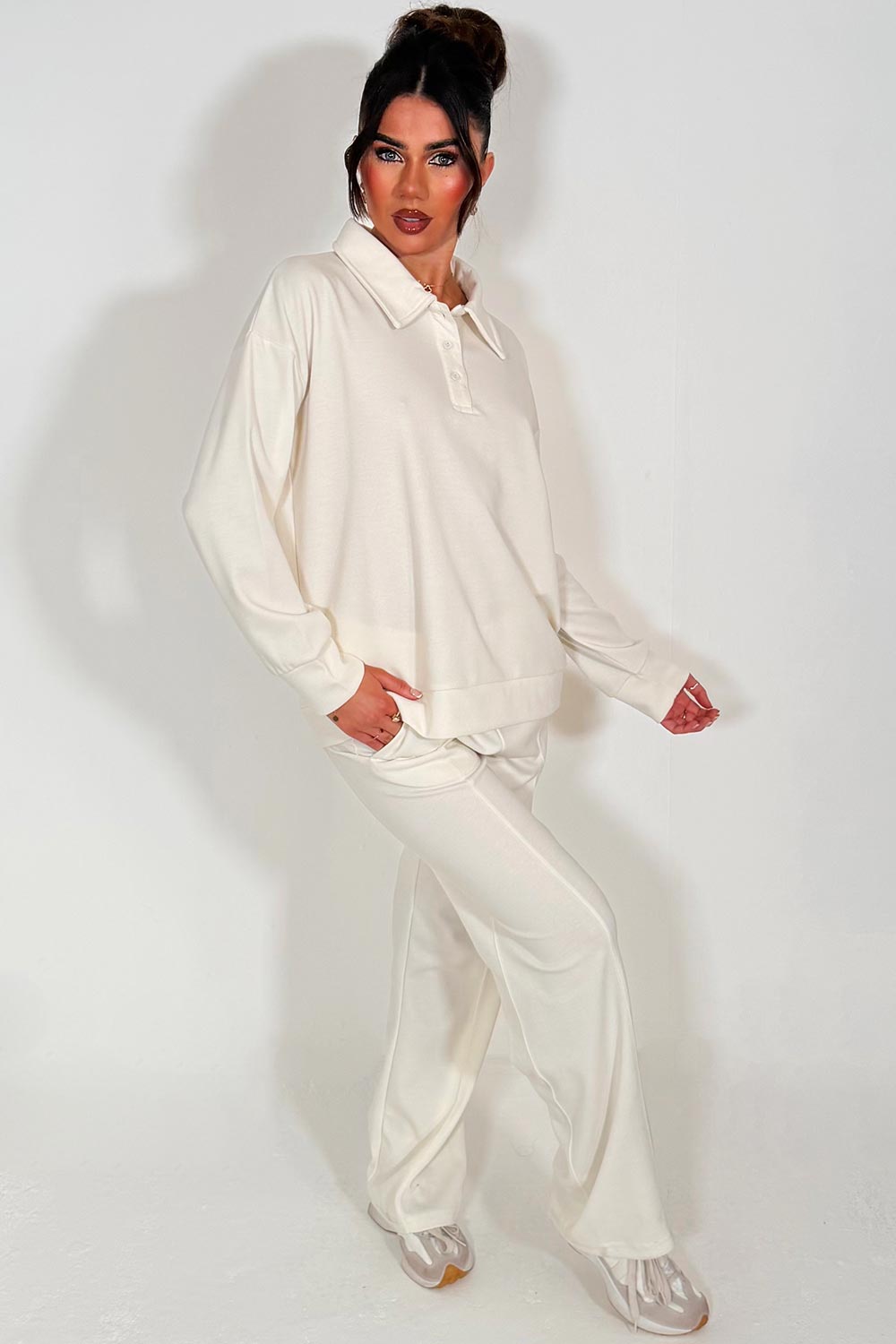 loungewear womens half button up front collared sweatshirt and joggers set airport outfit styledup