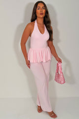 zara womens wide leg trousers and halter neck peplum balloon hem top co ord summer holiday outfit styledup uk