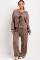 long sleeve tie front top and trousers loungewear set for womens