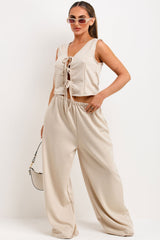 tie front waistcoat and wide leg trousers loungewear co ord set for womens