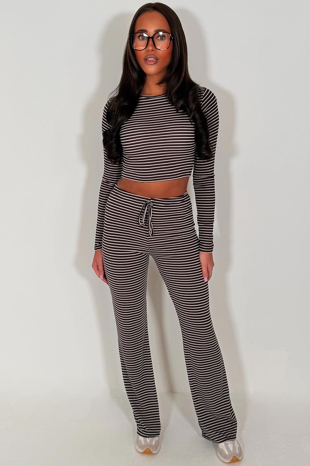 womens brown contrast striped long sleeve top and wide leg trouser lounge set co ord styledup 