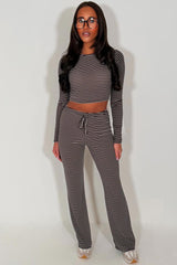 womens brown contrast striped long sleeve top and wide leg trouser lounge set co ord styledup 