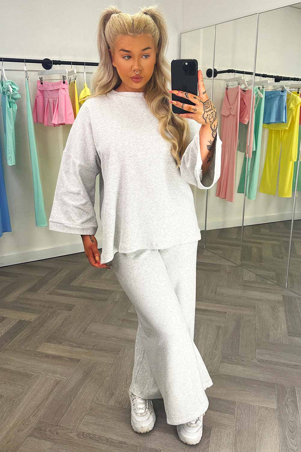 Women Clothing Ribbed Long Sleeve Crop Top + Wide Leg Pants Two