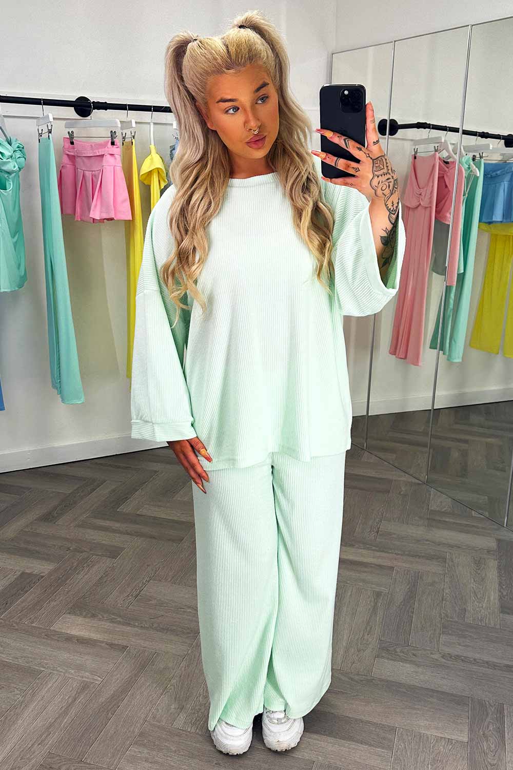 mint ribbed drop shoulder long sleeve top and wide leg trousers co ord set