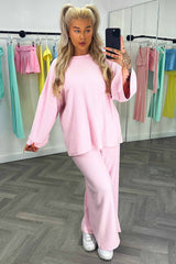 rib long sleeve drop shoulder top and wide leg trousers loungewear co ord 